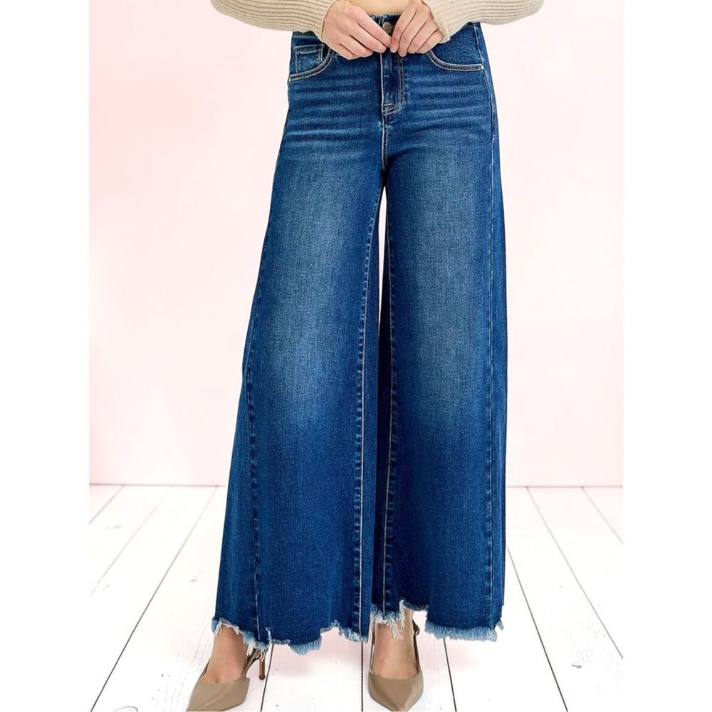Risen High Rise Dark Wash Wide Leg Raw Hem Stretch Denim Jeans NWT - Picture 10 of 14